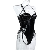Women Solid Pu-Leather Lace-Up Camisole Bodysuit