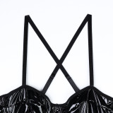 Women Solid Pu-Leather Lace-Up Camisole Bodysuit