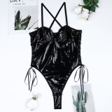 Women Solid Pu-Leather Lace-Up Camisole Bodysuit