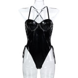 Women Solid Pu-Leather Lace-Up Camisole Bodysuit