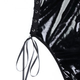 Women Solid Pu-Leather Lace-Up Camisole Bodysuit