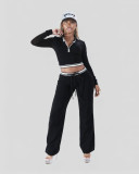 Women Casual Long-Sleeved Color-Blocked Zipper Turndown Collar Top Two-Piece Pants Set