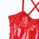 Women Solid Pu-Leather Lace-Up Camisole Bodysuit