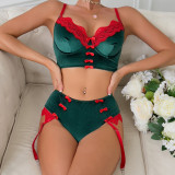 Women Christmas Red Lace Patchwork Sexy Velvet Camisole Sexy Lingerie Two-Piece Set