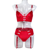 Women Christmas Red Lace Patchwork Sexy Velvet Camisole Sexy Lingerie Two-Piece Set