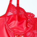 Women Sexy Pu-Leather Hollow-Out Lace-Up Hollow-Out Bodycon Bodysuit Sexy Lingerie