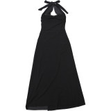 Women Autumn/Winter Sexy Mesh Patchwork Halter Neck Lace-Up Backless Dress