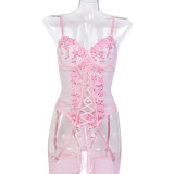Women Embroidered Floral Slit Lace-Up Sexy Lingerie Two-Piece Set
