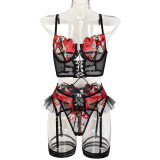 Women Embroidered Floral Lace-Up Cross-Panel Mesh Sexy Lingerie Four-Piece Set