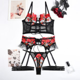 Women Embroidered Floral Lace-Up Cross-Panel Mesh Sexy Lingerie Four-Piece Set