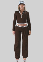 Women Casual Long-Sleeved Color-Blocked Zipper Turndown Collar Top Two-Piece Pants Set