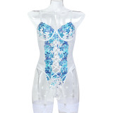 Women Embroidered Floral Slit Lace-Up Sexy Lingerie Two-Piece Set