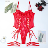 Women Sexy Pu-Leather Hollow-Out Lace-Up Hollow-Out Bodycon Bodysuit Sexy Lingerie