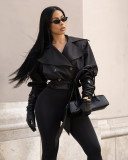 Women Turndown Collar Tie-Down Jacket Top