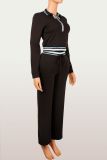 Women Casual Long-Sleeved Color-Blocked Zipper Turndown Collar Top Two-Piece Pants Set