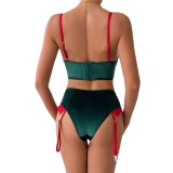 Women Christmas Red Lace Patchwork Sexy Velvet Camisole Sexy Lingerie Two-Piece Set