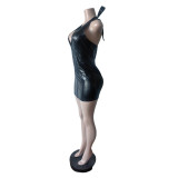 Women Spring Pu-Leather Halter Neck Stretchy Sleeveless Dress