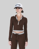 Women Casual Long-Sleeved Color-Blocked Zipper Turndown Collar Top Two-Piece Pants Set