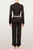 Women Casual Long-Sleeved Color-Blocked Zipper Turndown Collar Top Two-Piece Pants Set