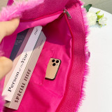 Women Autumn Pink Embroidered Plush Crossbody Handbag/Shoulder Tote Bag