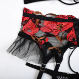 Women Embroidered Floral Lace-Up Cross-Panel Mesh Sexy Lingerie Four-Piece Set