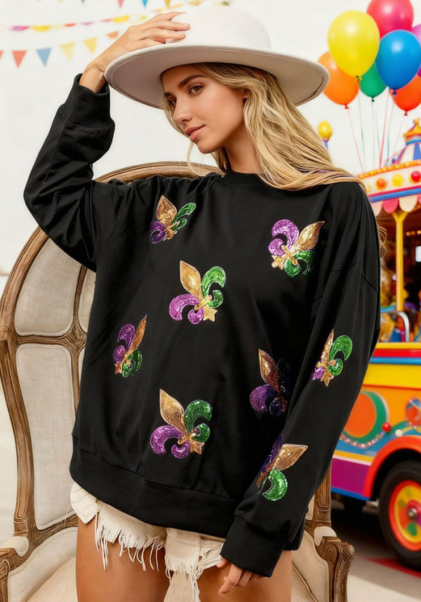 Women Sequined Round Neck Long-Sleeved Top