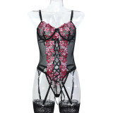 Women Embroidered Floral Slit Lace-Up Sexy Lingerie Two-Piece Set
