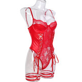 Women Sexy Pu-Leather Hollow-Out Lace-Up Hollow-Out Bodycon Bodysuit Sexy Lingerie