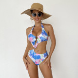 Women Printed Shiny Sexy Hollow-Out Bikini One-Piece Swimsuit
