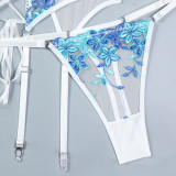 Women Embroidered Floral Slit Lace-Up Sexy Lingerie Two-Piece Set