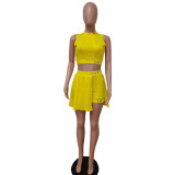 Women Summer Sleeveless Button-Up Top and Shorts Skirt Two-Piece Set