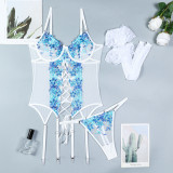 Women Embroidered Floral Slit Lace-Up Sexy Lingerie Two-Piece Set