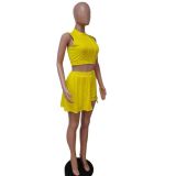 Women Summer Sleeveless Button-Up Top and Shorts Skirt Two-Piece Set