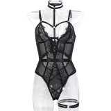 Women Sexy Lace Halter Neck Patchwork See-Through Bodysuit