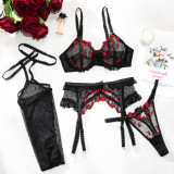 Women Floral Embroidered Mesh Patchwork Polka Dot Ruffled Lace Four-Piece Set