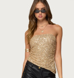 Women Gold Sequin Backless Top