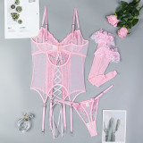 Women Embroidered Floral Slit Lace-Up Sexy Lingerie Two-Piece Set