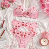 Women's Lips Print Lace See-Through Bra & Hollow Panty Lingerie Set