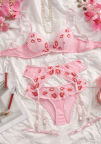Women's Lips Print Lace See-Through Bra & Hollow Panty Lingerie Set