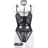 Women Sexy Lace Halter Neck Patchwork See-Through Bodysuit