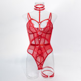 Women Sexy Lace Halter Neck Patchwork See-Through Bodysuit