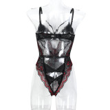 Women Sexy Bow Print Hollow-Out V-Neck Bodycon Bodysuit Sexy Lingerie