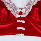 Women Christmas Red Lace Patchwork Sexy Velvet Camisole Sexy Lingerie Two-Piece Set