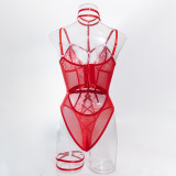 Women Sexy Lace Halter Neck Patchwork See-Through Bodysuit