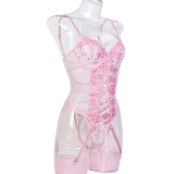 Women Embroidered Floral Slit Lace-Up Sexy Lingerie Two-Piece Set