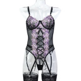 Women Embroidered Floral Slit Lace-Up Sexy Lingerie Two-Piece Set