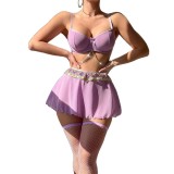 Women's Sexy Bow Chain Solid Color Two-Piece Lingerie Set