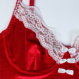 Women Christmas Red Lace Patchwork Sexy Velvet Camisole Sexy Lingerie Two-Piece Set