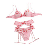 Women's Lips Print Lace See-Through Bra & Hollow Panty Lingerie Set