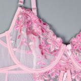 Women Embroidered Floral Slit Lace-Up Sexy Lingerie Two-Piece Set
